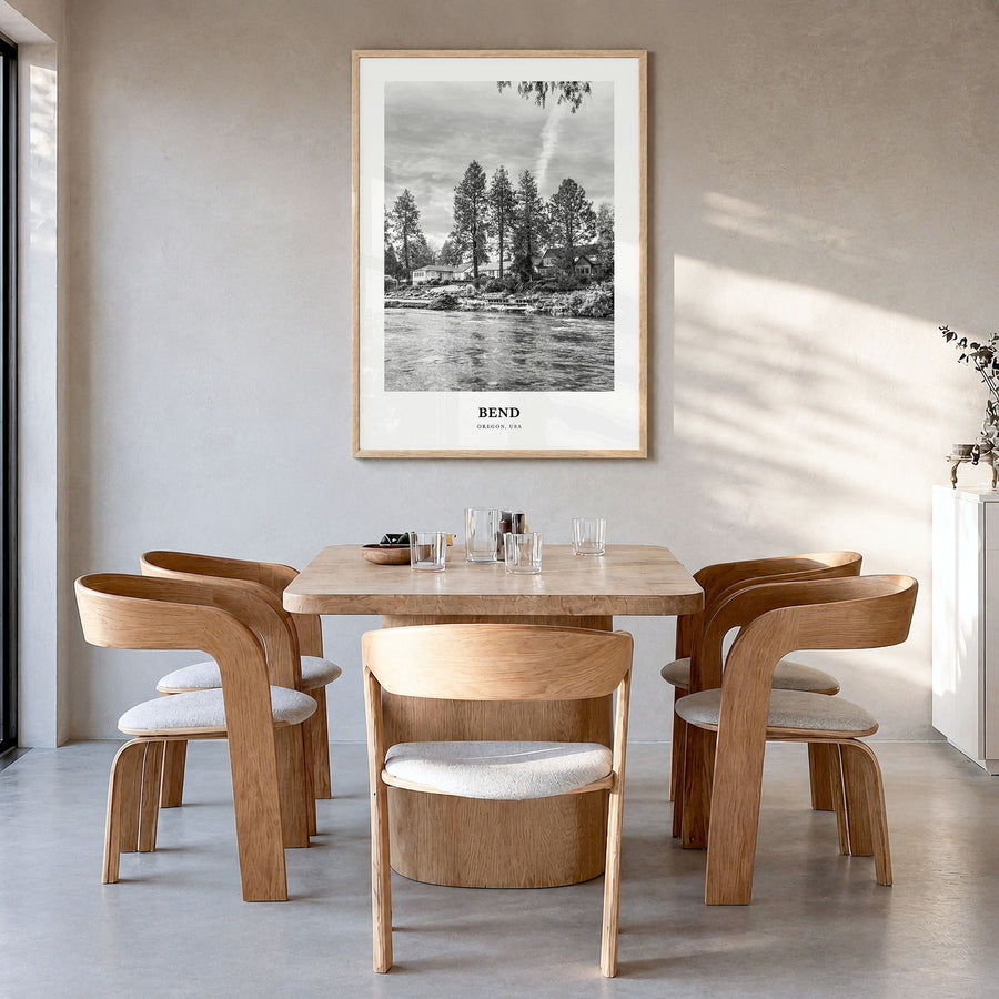 Bend Classic Poster in a natural wood frame, hanging in a dining room