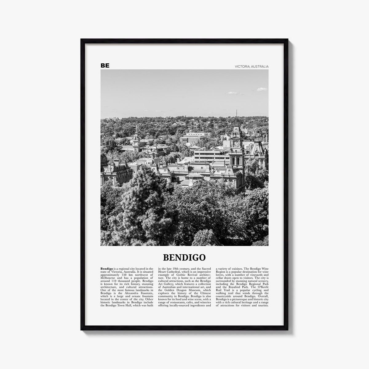 Bendigo black & white newspaper poster of Australia – vertical wall art, unframed print shown in interior mockup