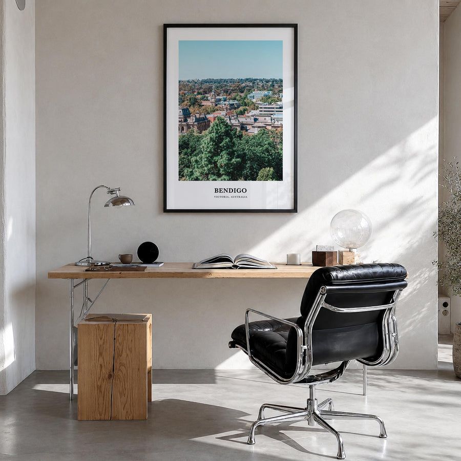 Bendigo colorful classic poster of Australia – vertical wall art in black wood frame, hanging on wall