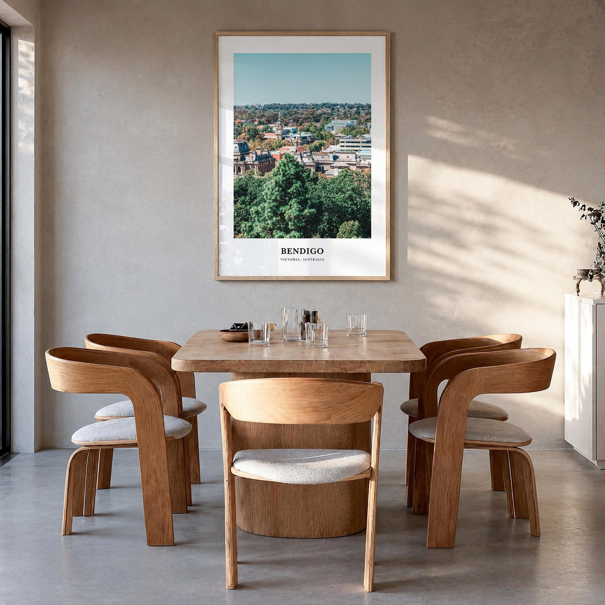 Bendigo colorful classic poster of Australia – vertical wall art in natural wood frame, hanging on wall