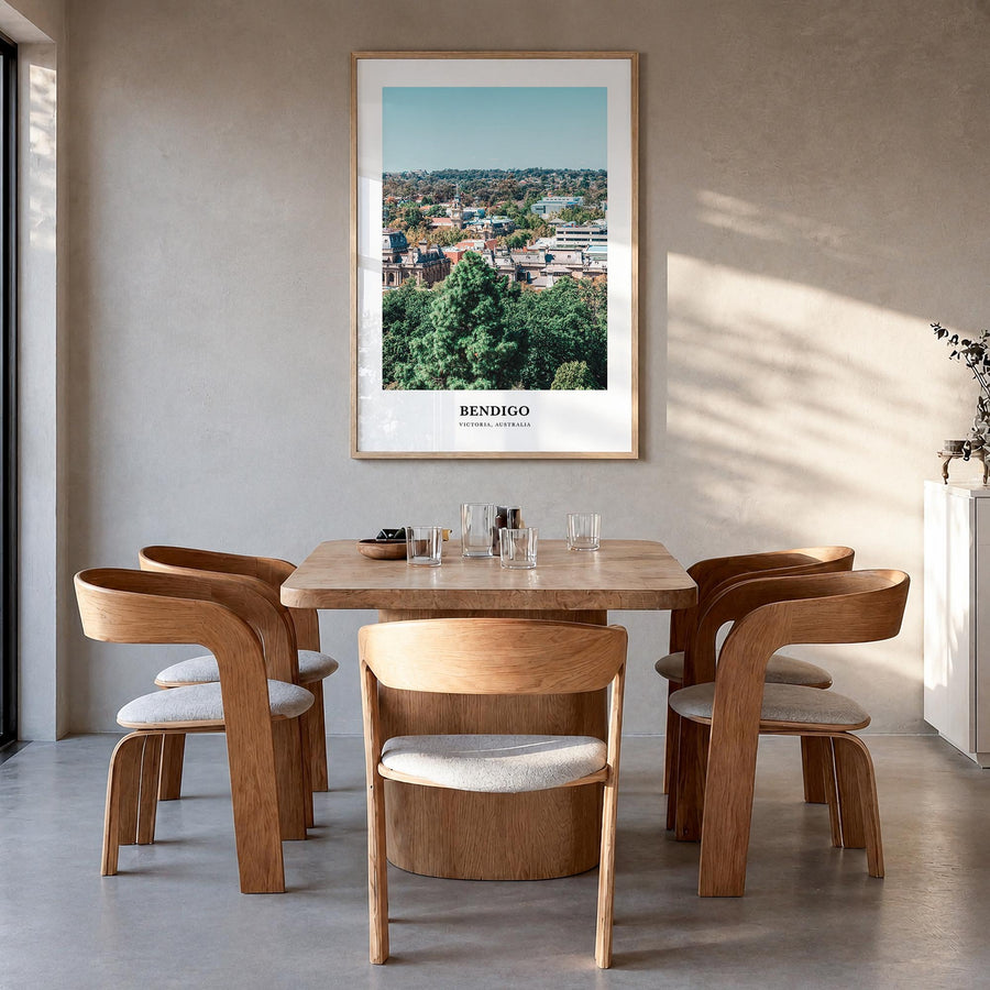 Bendigo colorful classic poster of Australia – vertical wall art in natural wood frame, hanging on wall