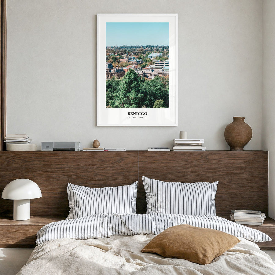 Bendigo Classic Poster in a white wood frame, hanging in a bedroom
