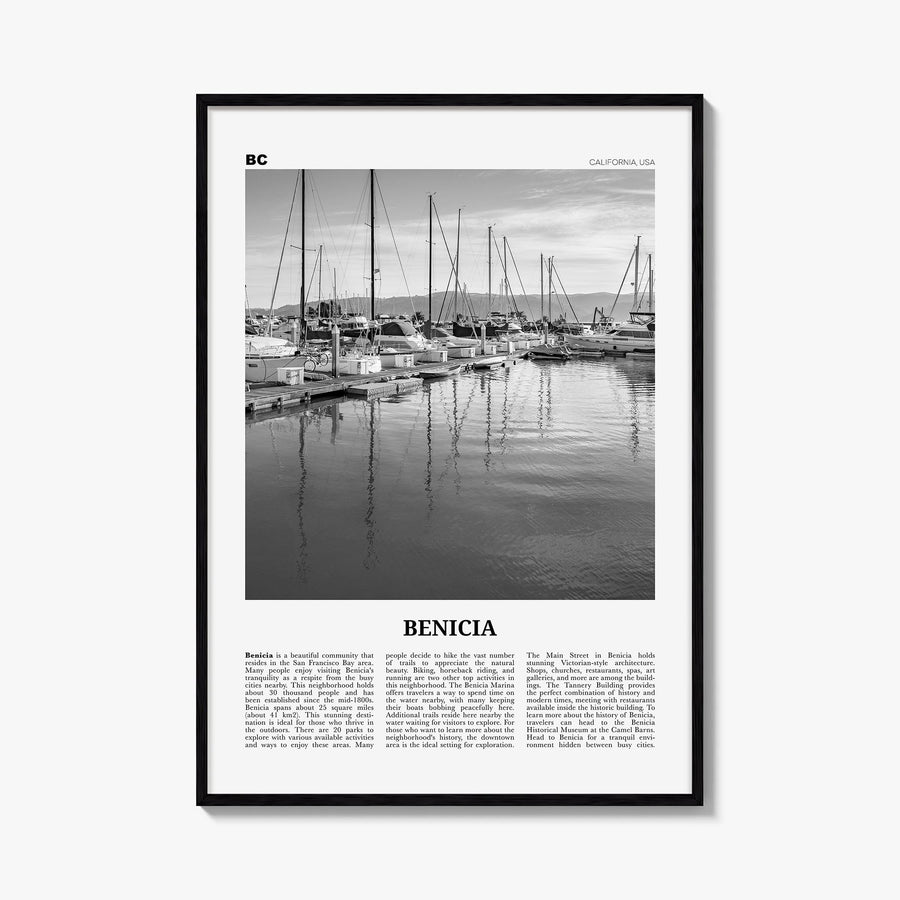 Benicia black & white newspaper poster of California, USA – vertical wall art, unframed print shown in interior mockup