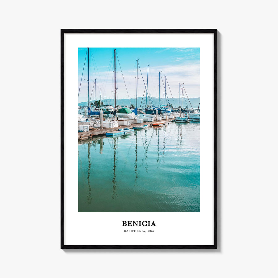 Benicia colorful classic poster of California, USA – vertical wall art, unframed print shown in interior mockup