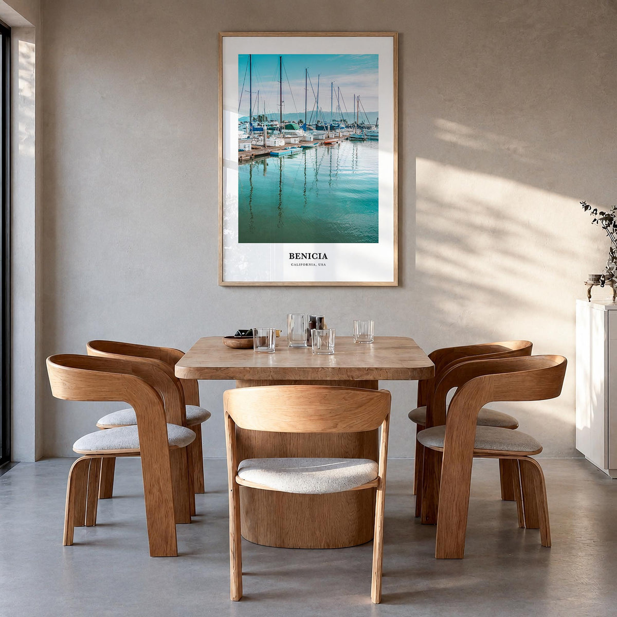 Benicia colorful classic poster of California, USA – vertical wall art in natural wood frame, hanging on wall
