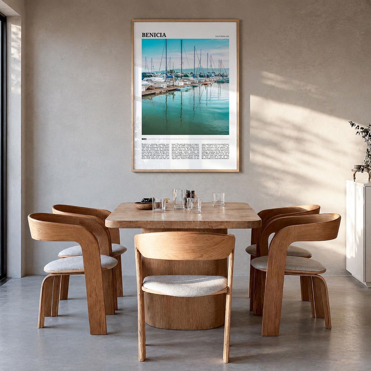 Benicia colorful travel poster of California, USA – vertical wall art in natural wood frame, hanging on wall