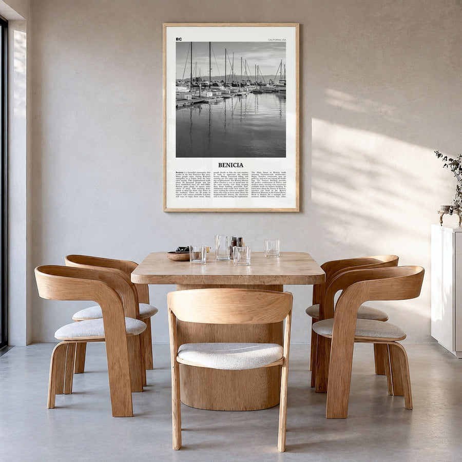 Benicia Newspaper Poster in a natural wood frame, hanging in a dining room