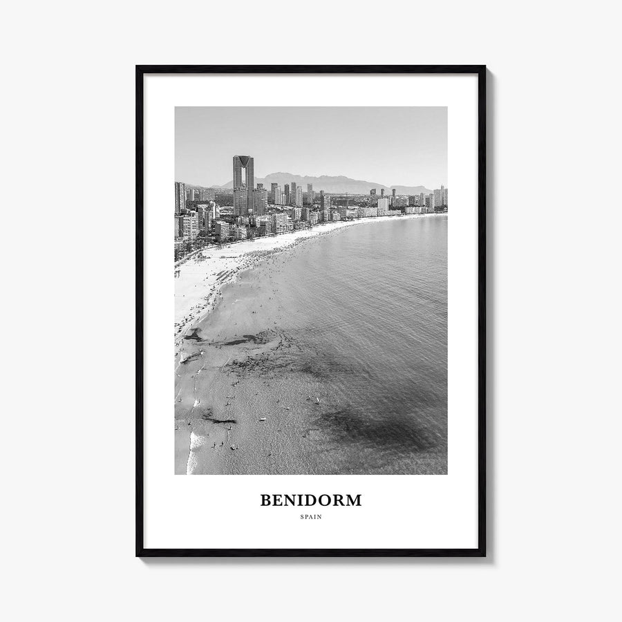 Benidorm black & white classic poster of Spain – vertical wall art, unframed print shown in interior mockup