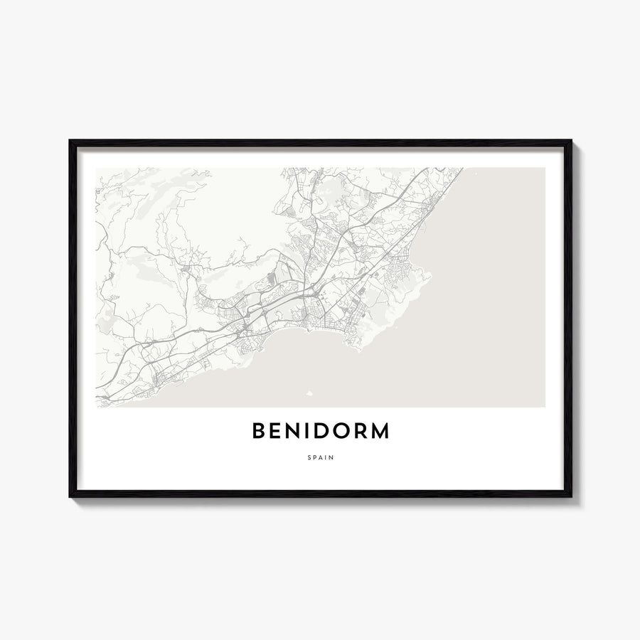 Benidorm black & white map poster of Spain – horizontal wall art, unframed print shown in interior mockup