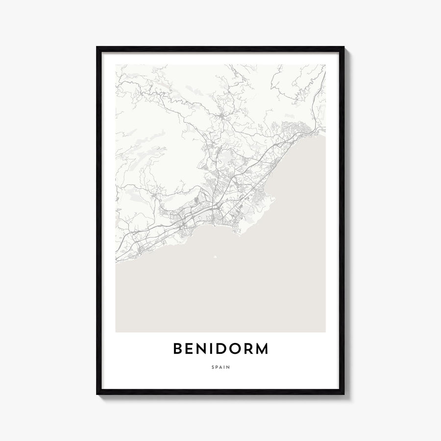Benidorm black & white map poster of Spain – vertical wall art, unframed print shown in interior mockup