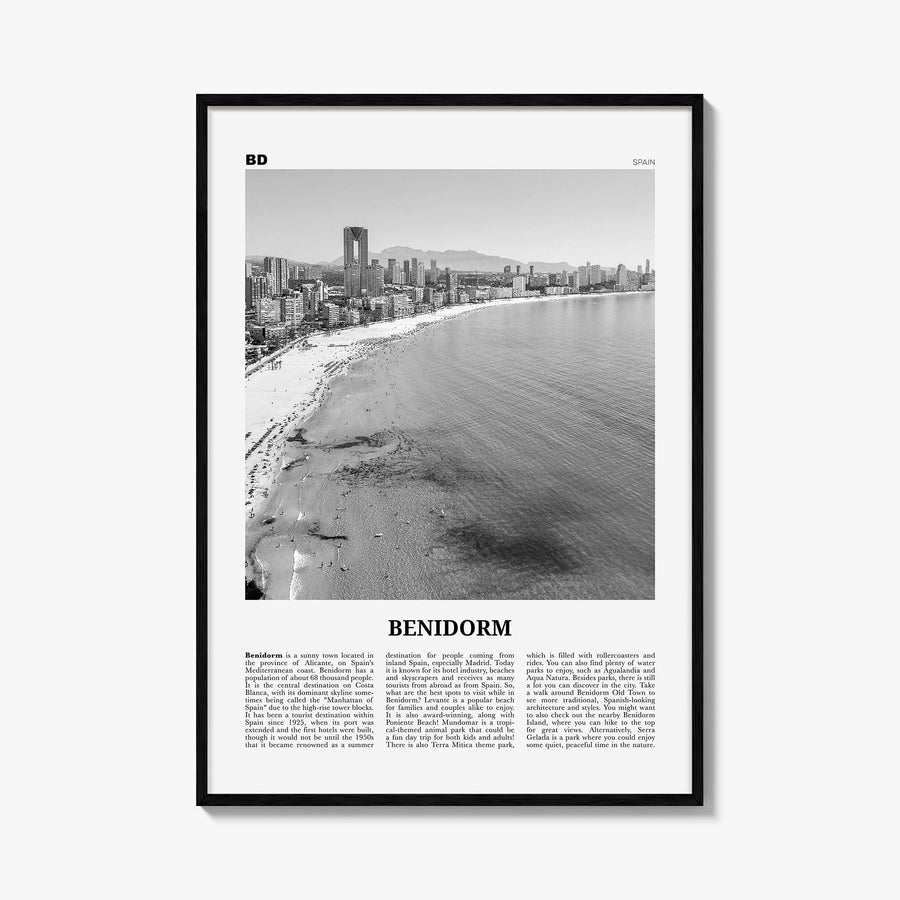 Benidorm black & white newspaper poster of Spain – vertical wall art, unframed print shown in interior mockup