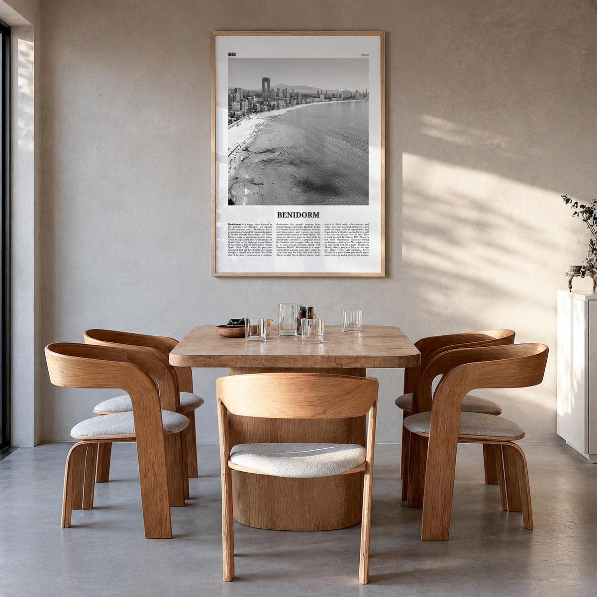 Benidorm black & white newspaper poster of Spain – vertical wall art in natural wood frame, hanging on wall