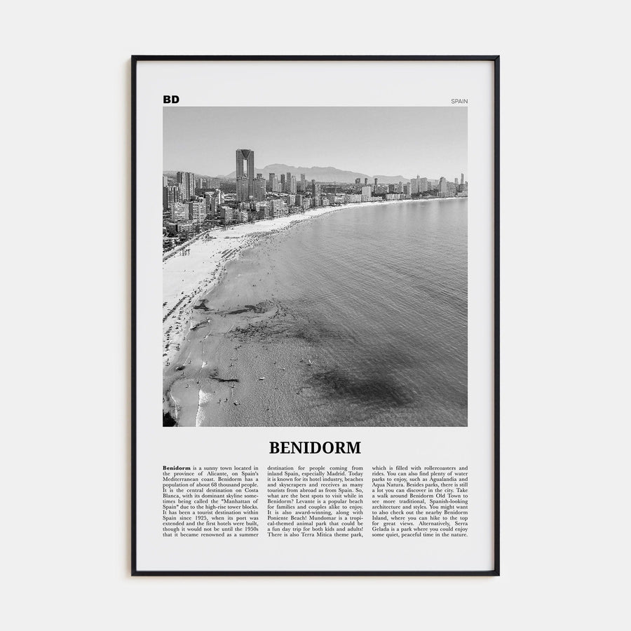 Benidorm Poster Black Metal / 8x12 in Nbourhood Travel B&W Poster