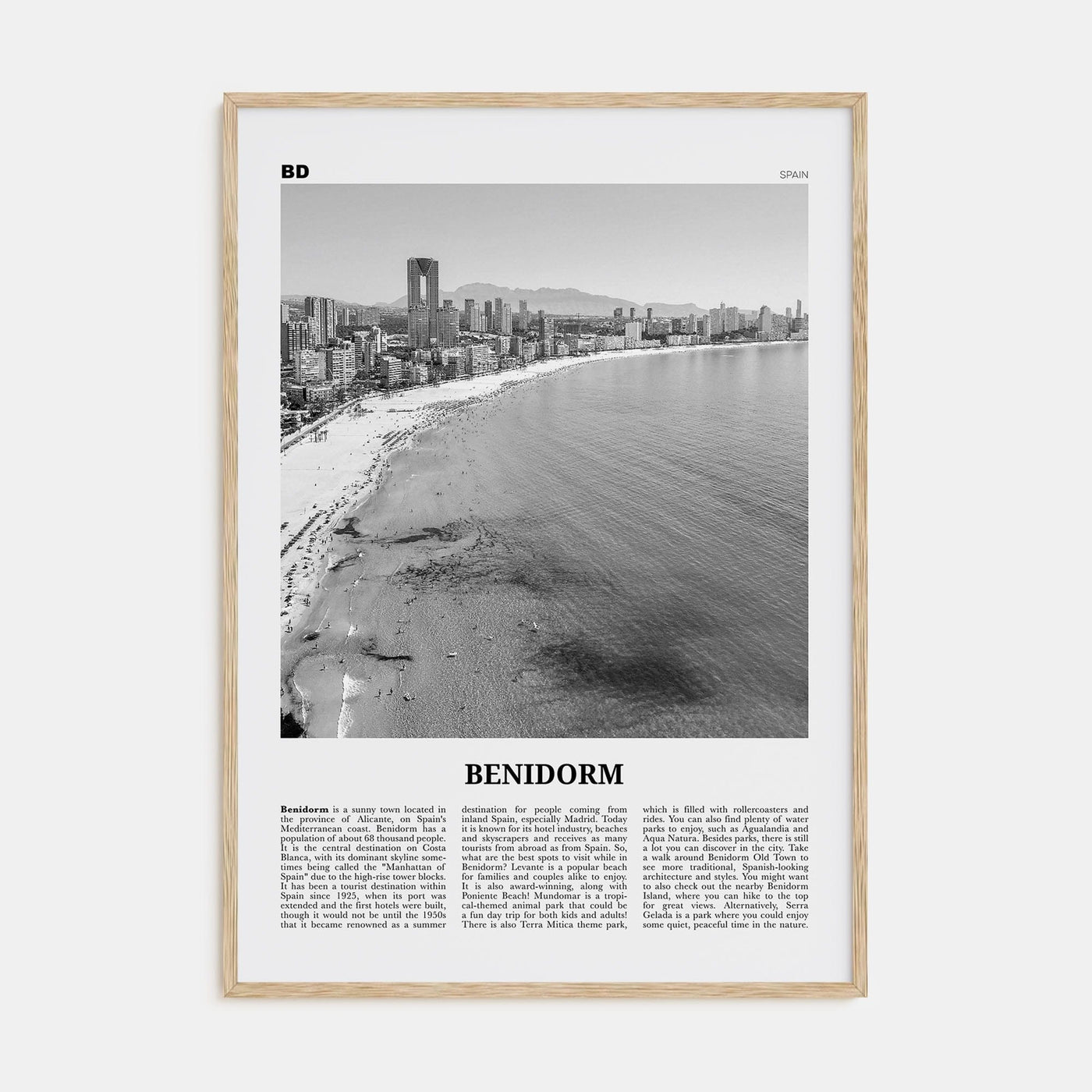 Benidorm Poster Natural Wood / 8x12 in Nbourhood Travel B&W Poster