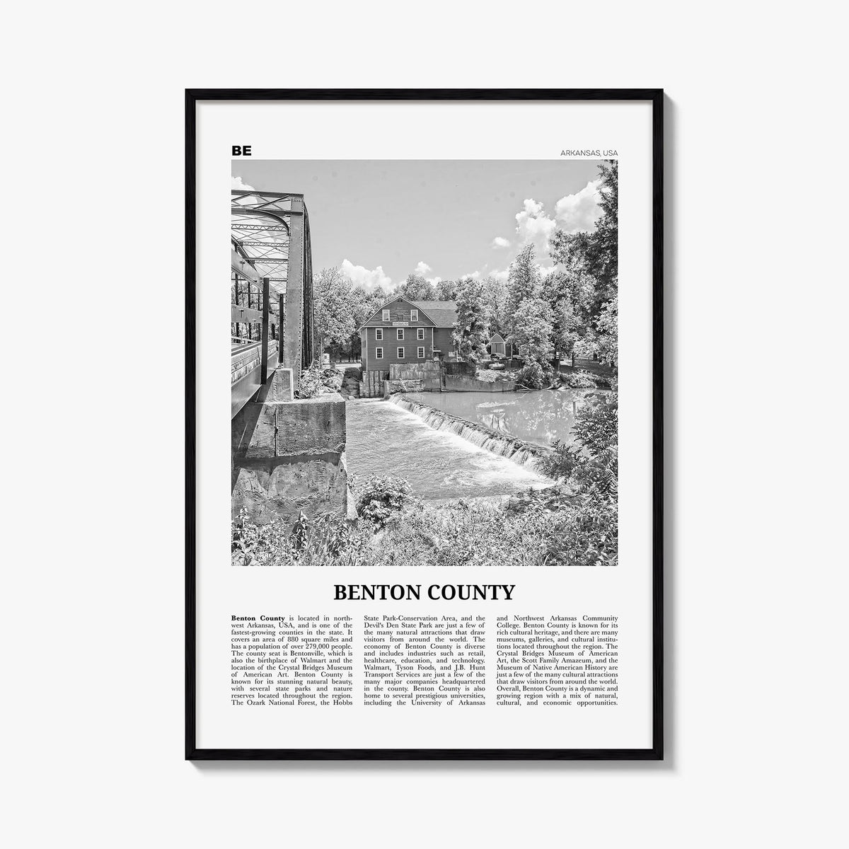 Benton County black & white newspaper poster of Arkansas, USA – vertical wall art, unframed print shown in interior mockup