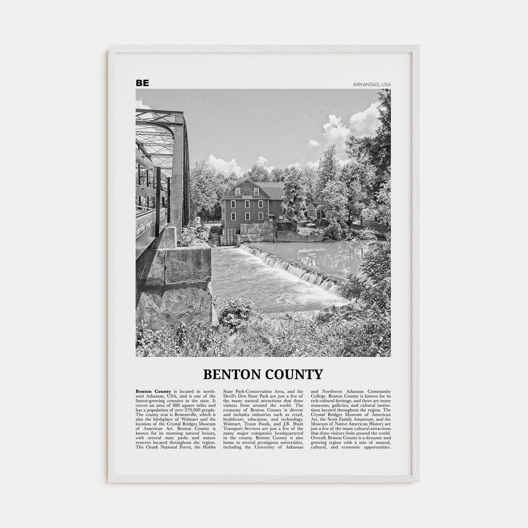 Benton County Poster White Wood / 8x12 in Nbourhood Travel B&W Poster