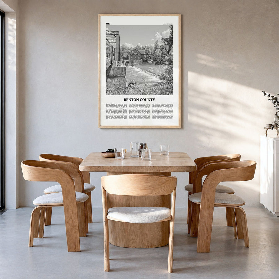 Benton County Newspaper Poster in a natural wood frame, hanging in a dining room