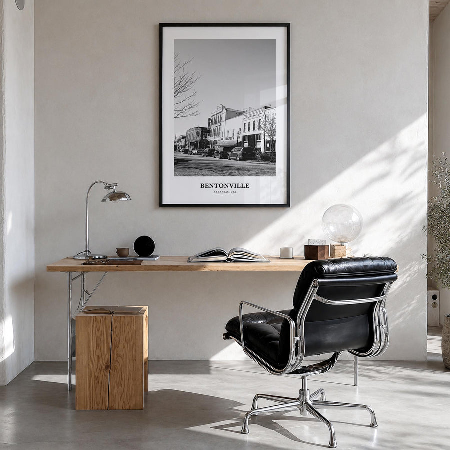 Bentonville black & white classic poster of Arkansas, USA – vertical wall art in black wood frame, hanging on wall