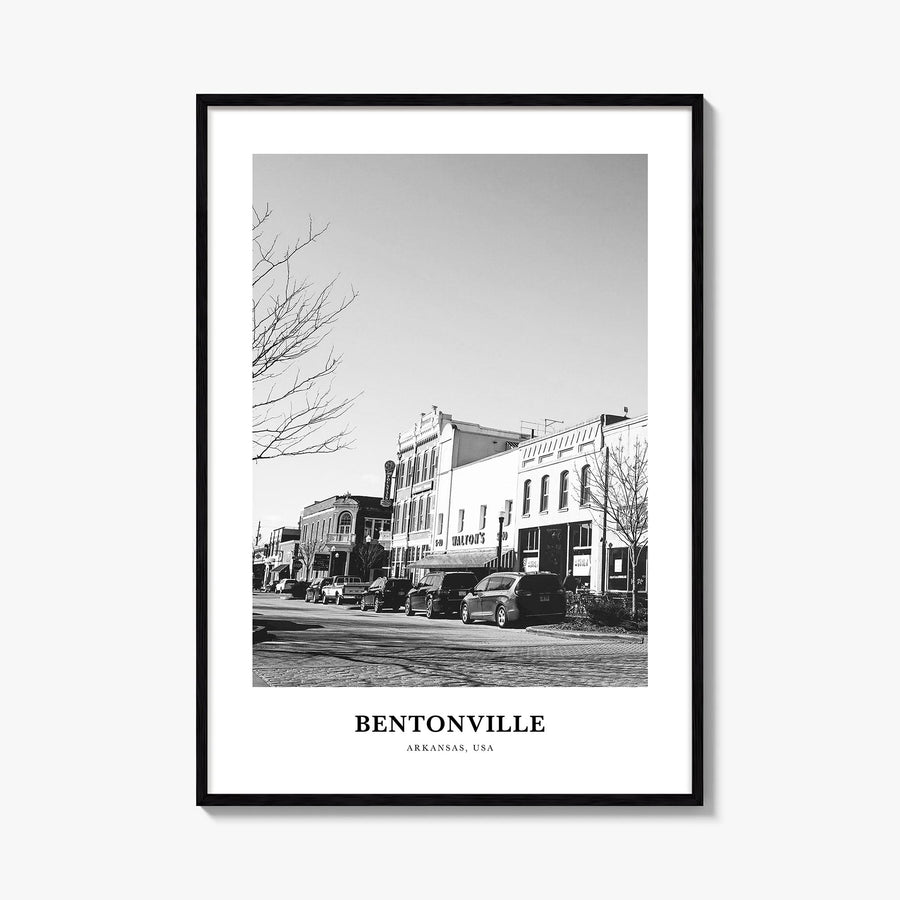 Bentonville black & white classic poster of Arkansas, USA – vertical wall art, unframed print shown in interior mockup