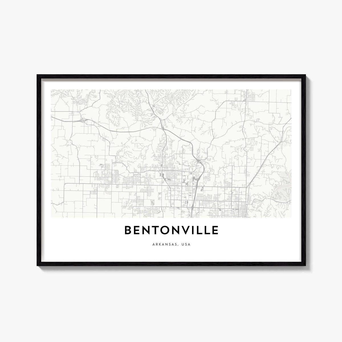 Bentonville black & white map poster of Arkansas, USA – horizontal wall art, unframed print shown in interior mockup