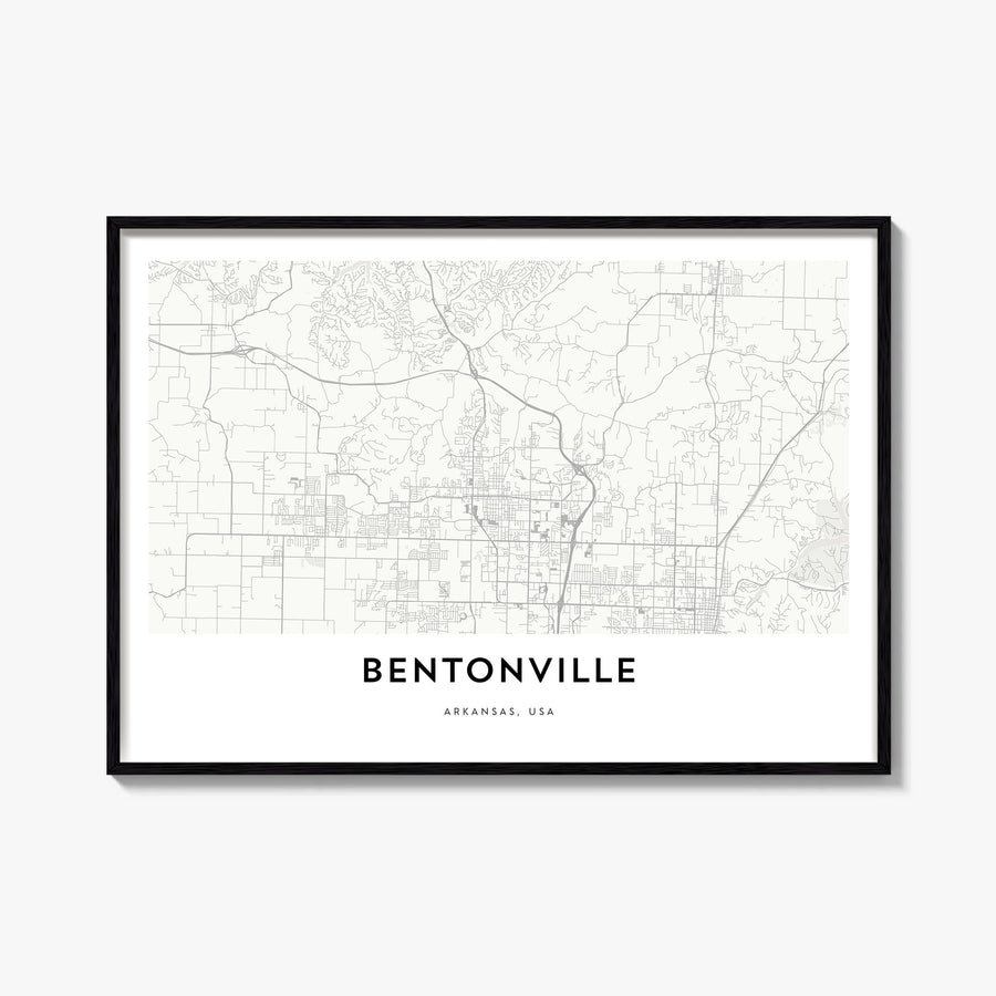 Bentonville black & white map poster of Arkansas, USA – horizontal wall art, unframed print shown in interior mockup