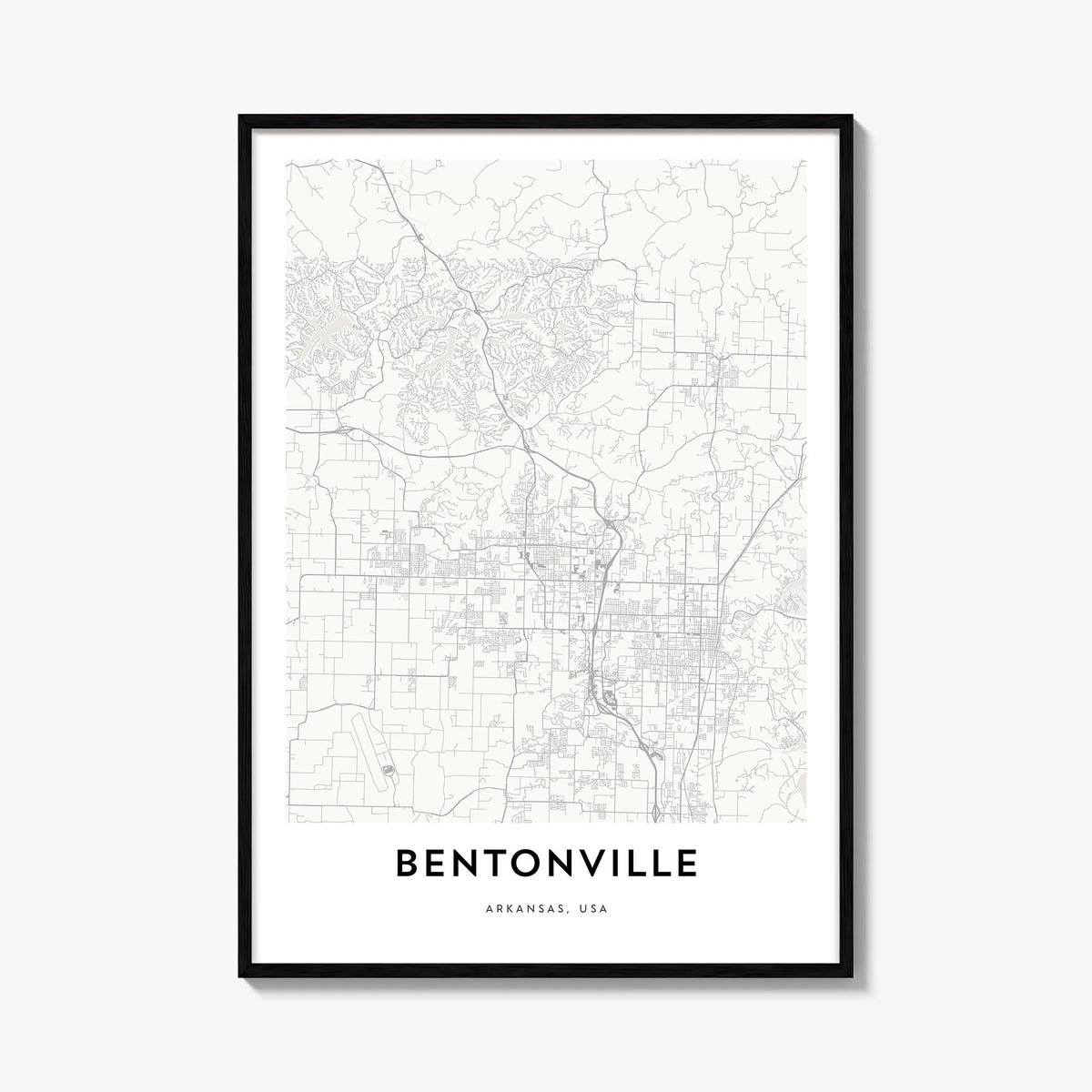 Bentonville black & white map poster of Arkansas, USA – vertical wall art, unframed print shown in interior mockup