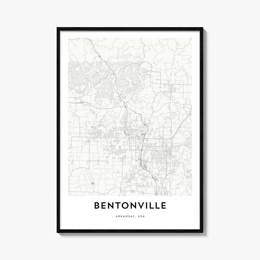 Bentonville black & white map poster of Arkansas, USA – vertical wall art, unframed print shown in interior mockup