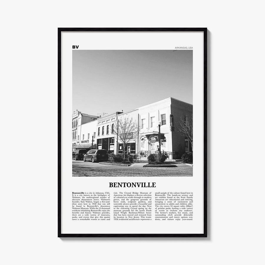 Bentonville black & white newspaper poster of Arkansas, USA – vertical wall art, unframed print shown in interior mockup