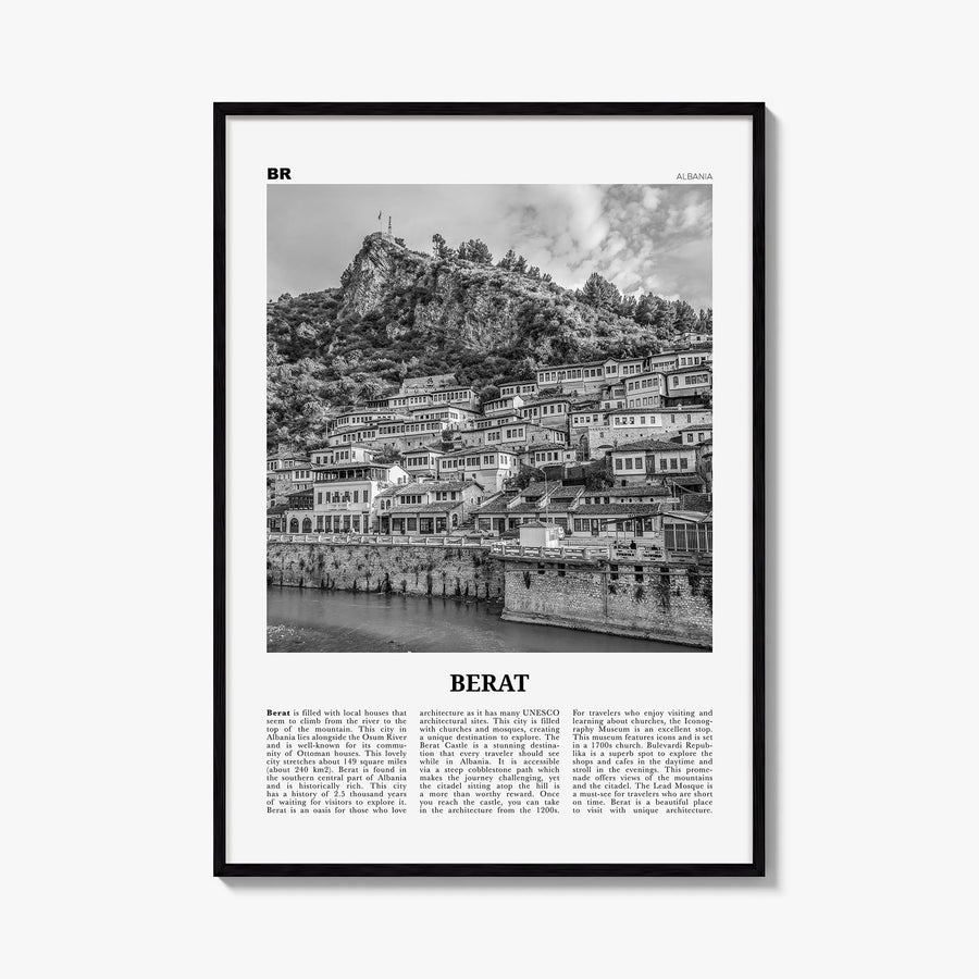 Berat black & white newspaper poster of Albania – vertical wall art, unframed print shown in interior mockup