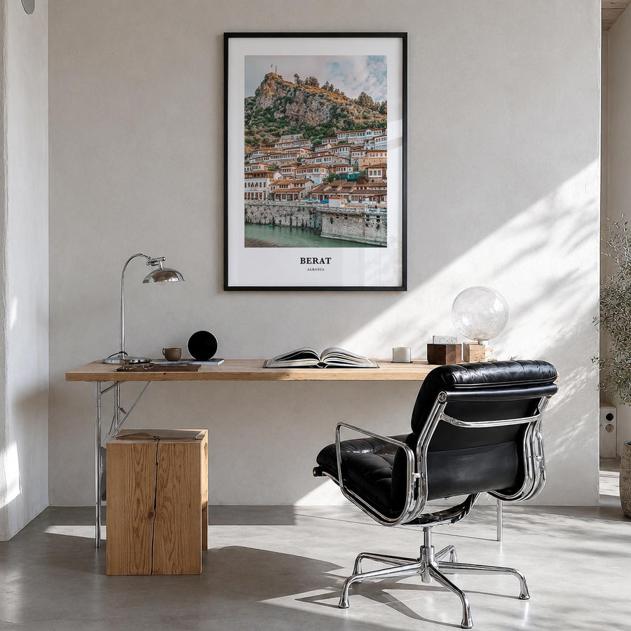 Berat colorful classic poster of Albania – vertical wall art in black wood frame, hanging on wall