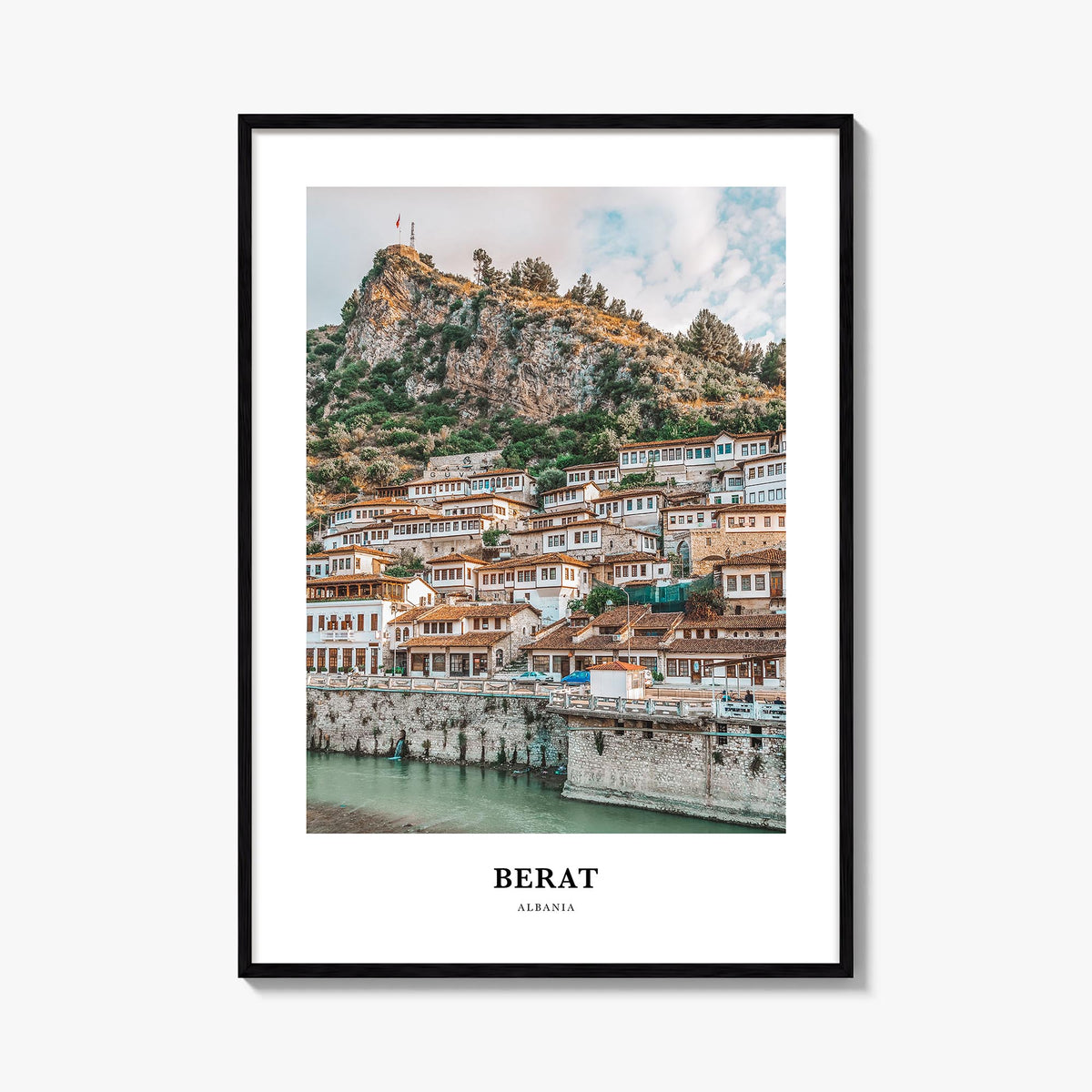Berat colorful classic poster of Albania – vertical wall art, unframed print shown in interior mockup