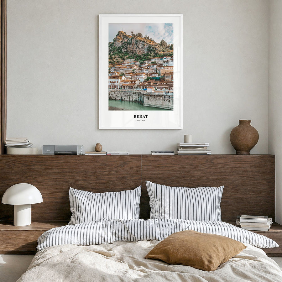 Berat Classic Poster in a white wood frame, hanging in a bedroom