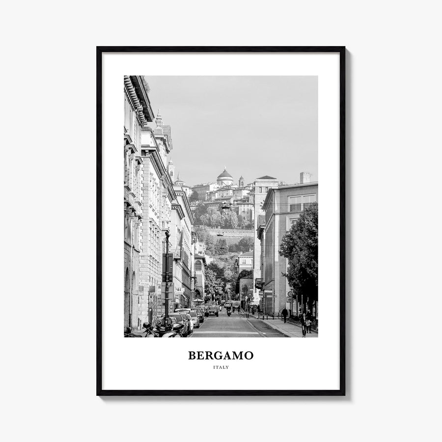 Bergamo black & white classic poster of Italy – vertical wall art, unframed print shown in interior mockup