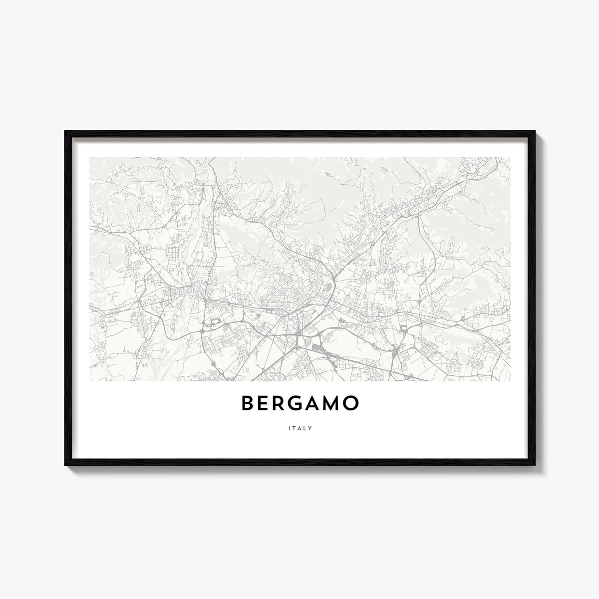 Bergamo black & white map poster of Italy – horizontal wall art, unframed print shown in interior mockup