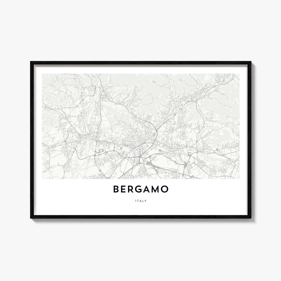 Bergamo black & white map poster of Italy – horizontal wall art, unframed print shown in interior mockup