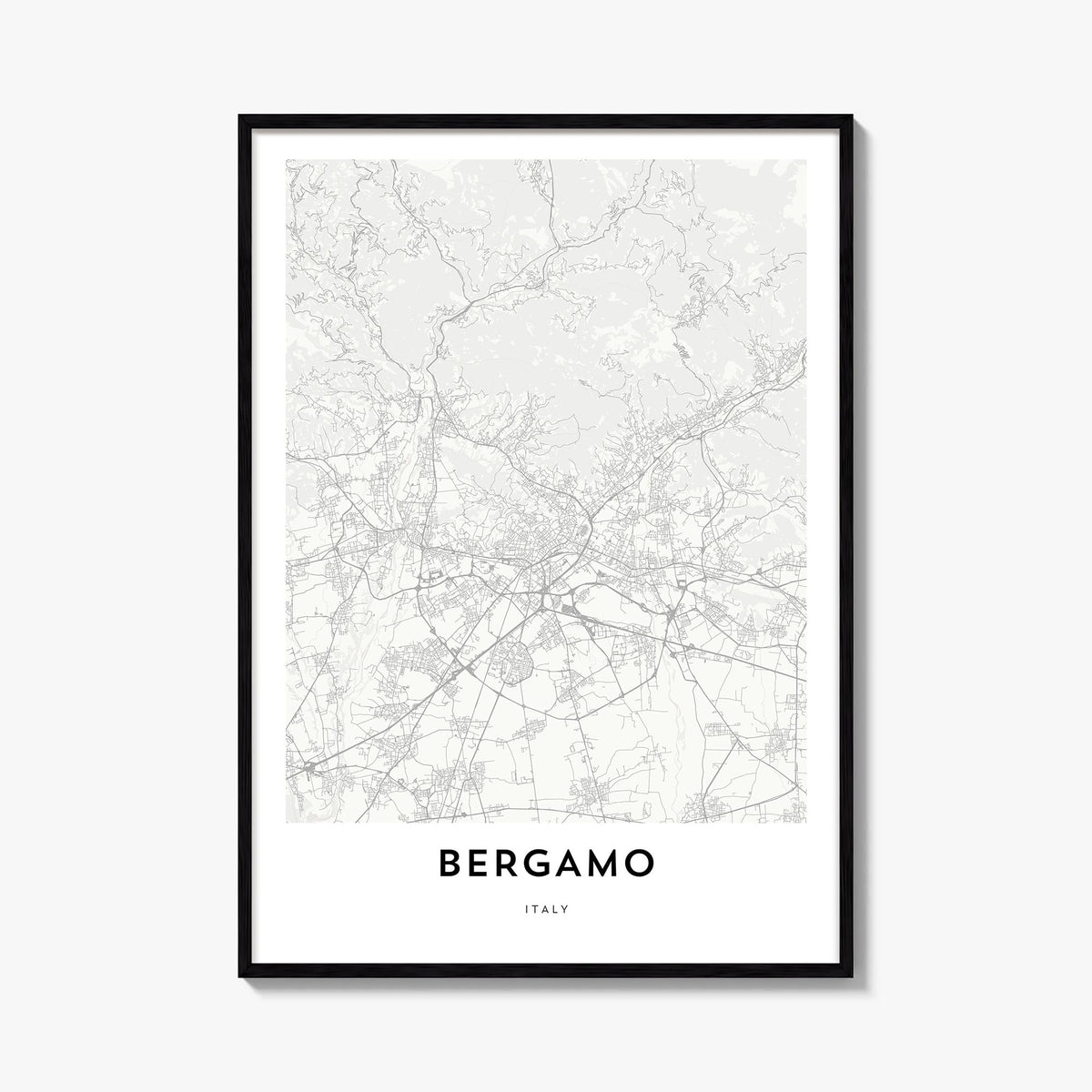 Bergamo black & white map poster of Italy – vertical wall art, unframed print shown in interior mockup