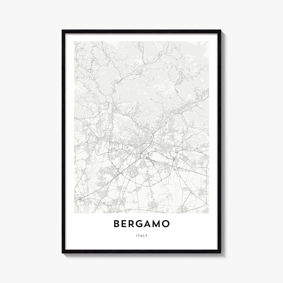 Bergamo black & white map poster of Italy – vertical wall art, unframed print shown in interior mockup