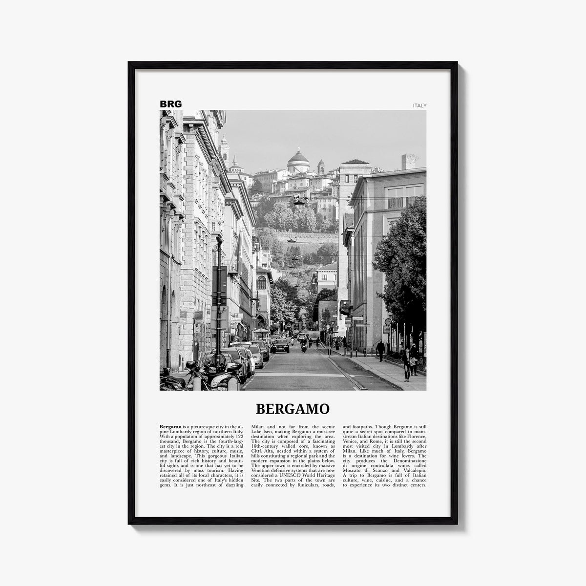 Bergamo black & white newspaper poster of Italy – vertical wall art, unframed print shown in interior mockup