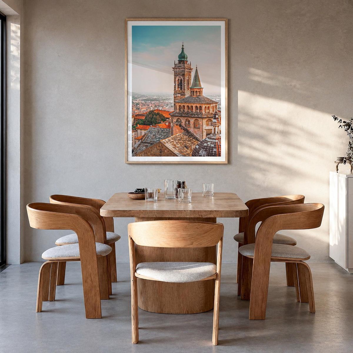 Bergamo colorful photo poster of Italy – vertical wall art in natural wood frame with white border, hanging on wall