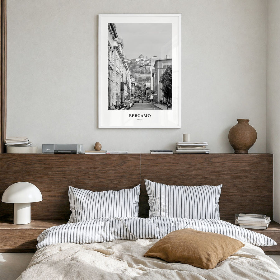 Bergamo Classic Poster in a white wood frame, hanging in a bedroom