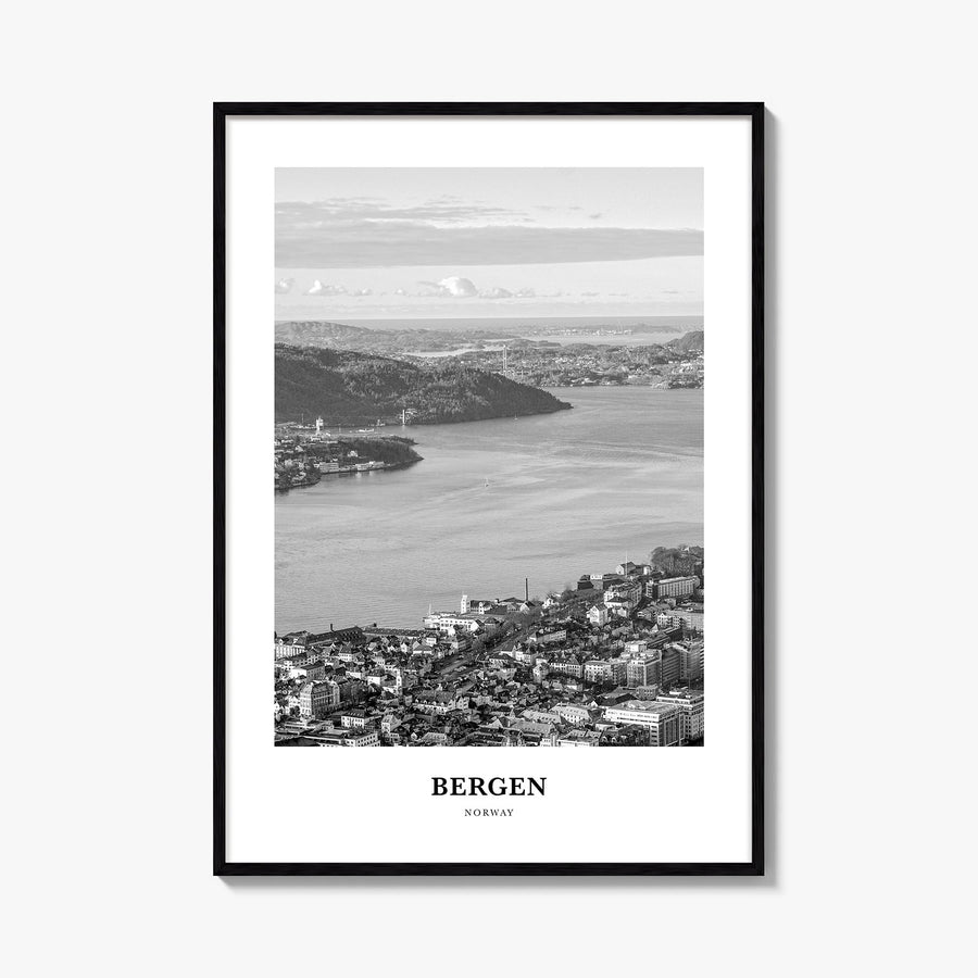 Bergen black & white classic poster of Norway – vertical wall art, unframed print shown in interior mockup