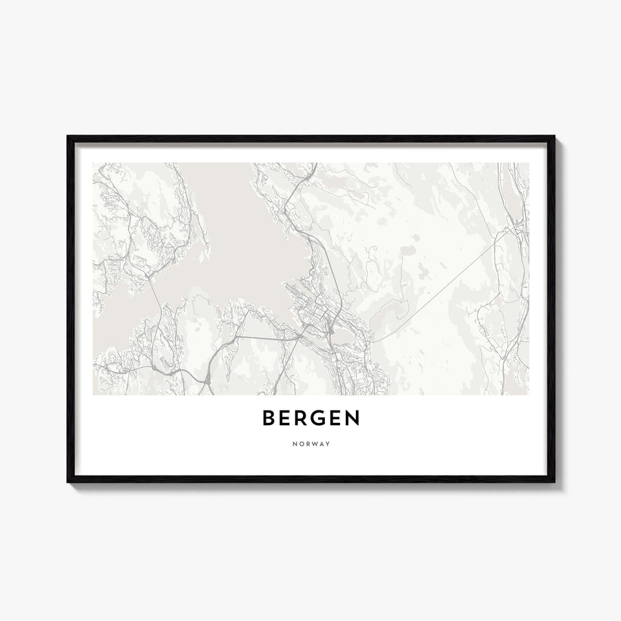 Bergen black & white map poster of Norway – horizontal wall art, unframed print shown in interior mockup