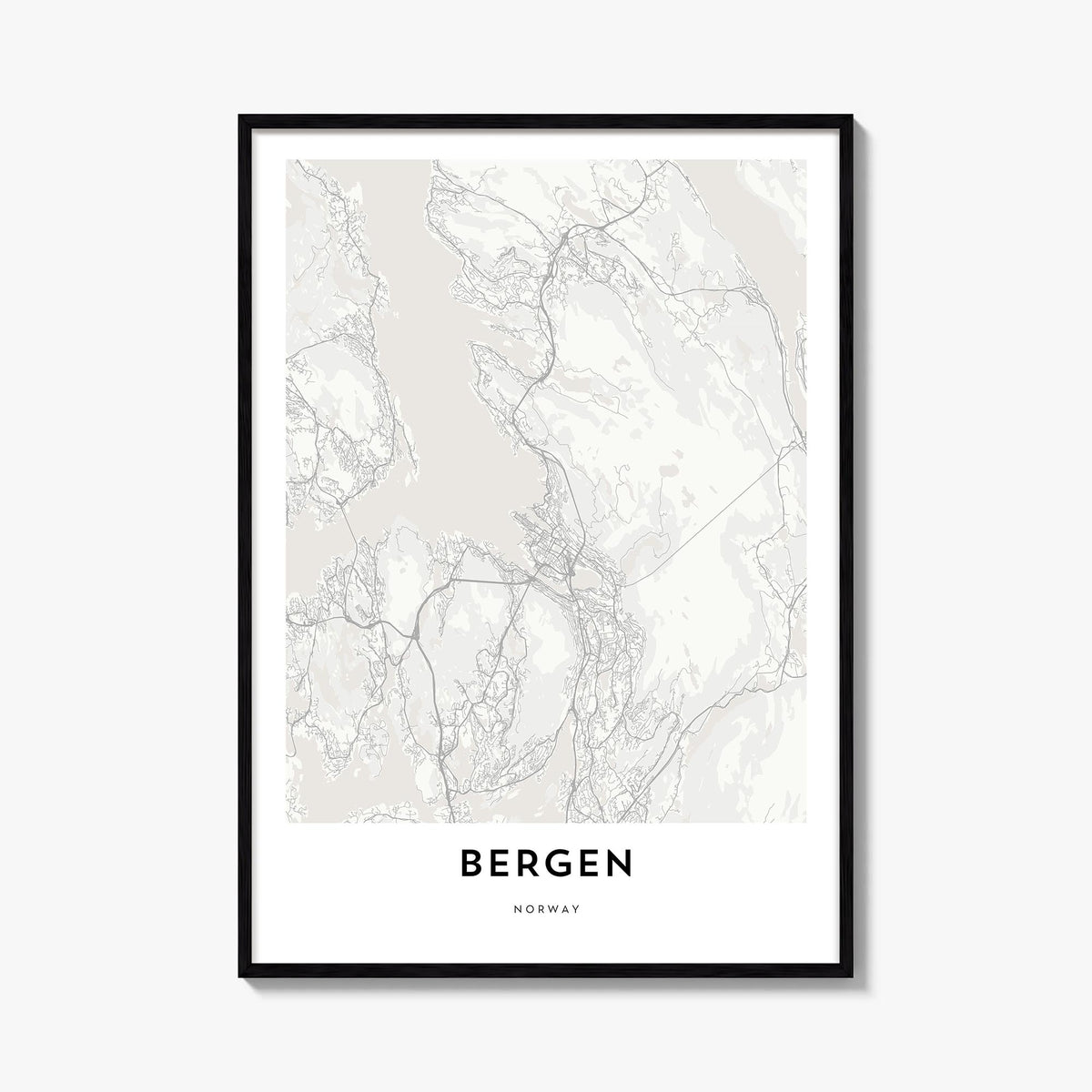 Bergen black & white map poster of Norway – vertical wall art, unframed print shown in interior mockup