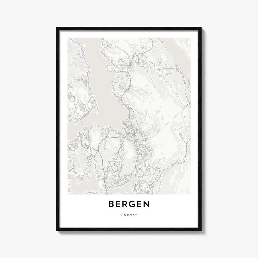 Bergen black & white map poster of Norway – vertical wall art, unframed print shown in interior mockup