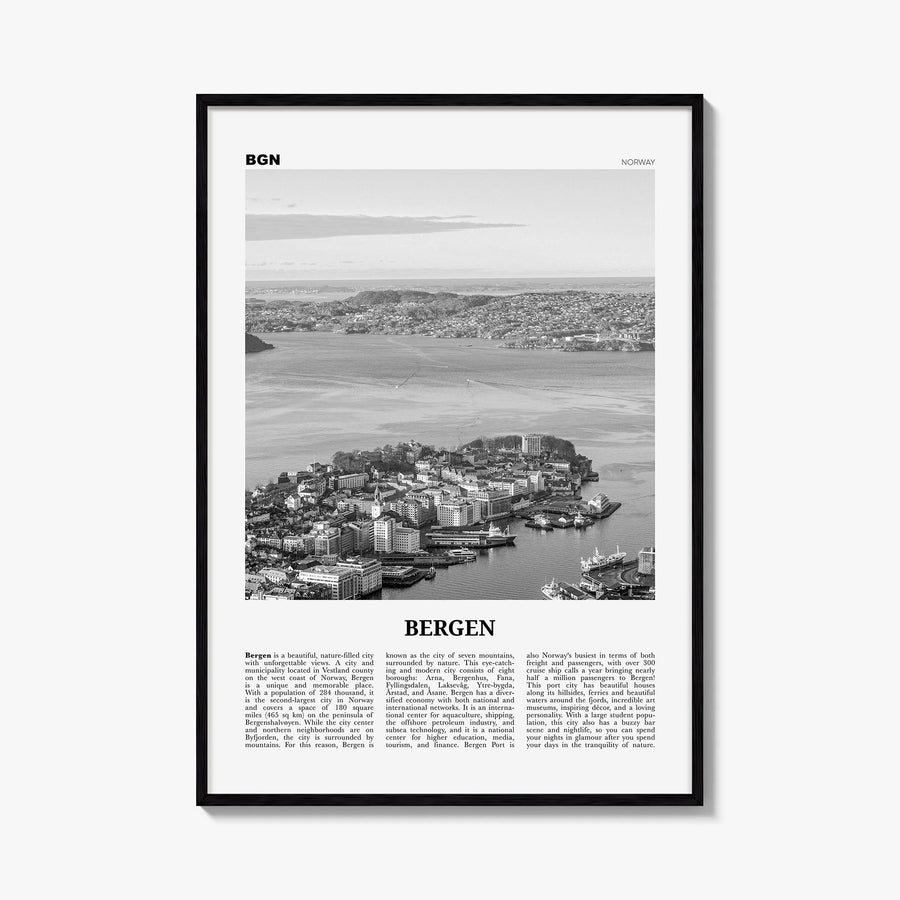 Bergen black & white newspaper poster of Norway – vertical wall art, unframed print shown in interior mockup