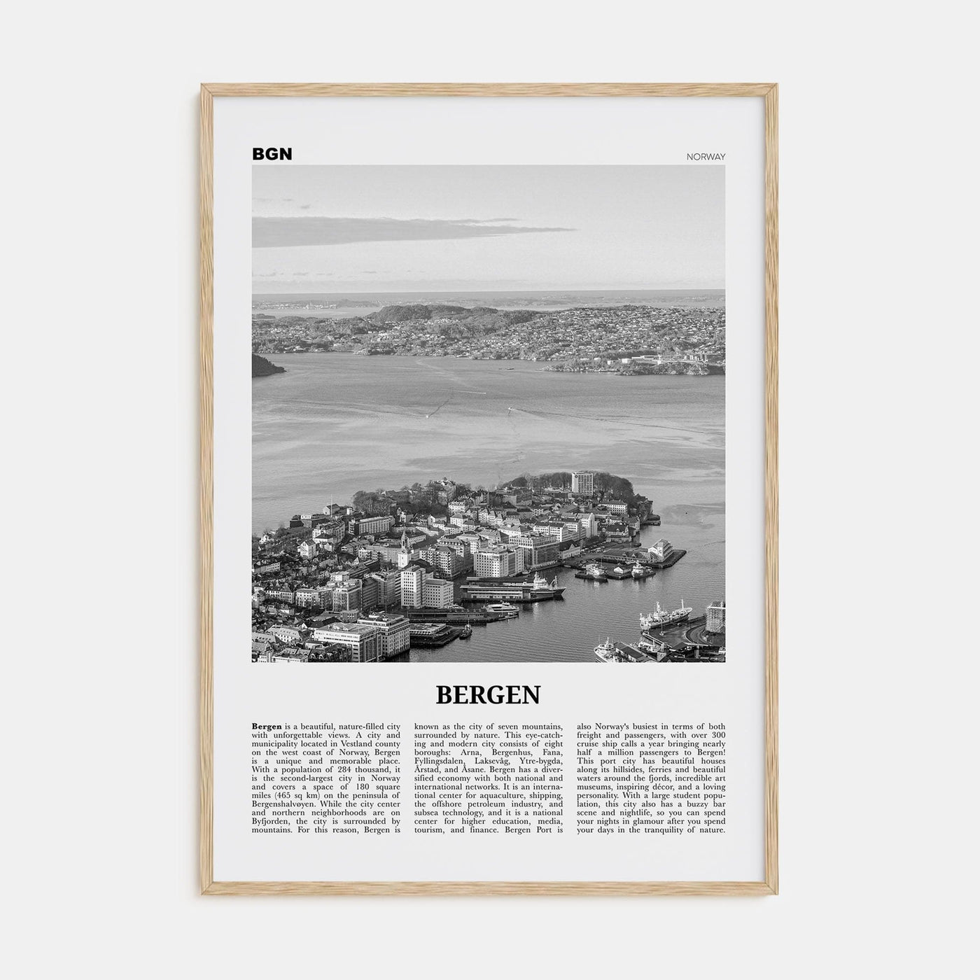 Bergen Poster Natural Wood / 8x12 in Nbourhood Travel B&W Poster