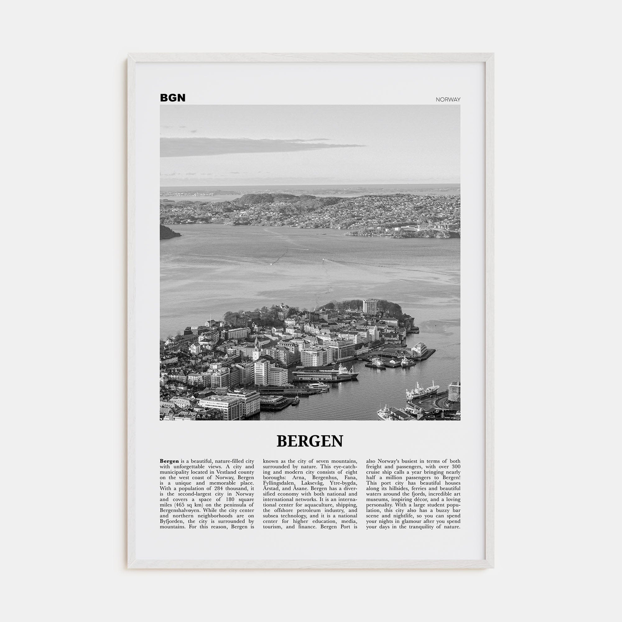 Bergen Poster White Wood / 8x12 in Nbourhood Travel B&W Poster