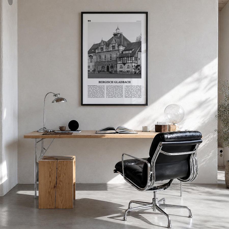 Bergisch Gladbach black & white newspaper poster of Germany – vertical wall art in black wood frame, hanging on wall