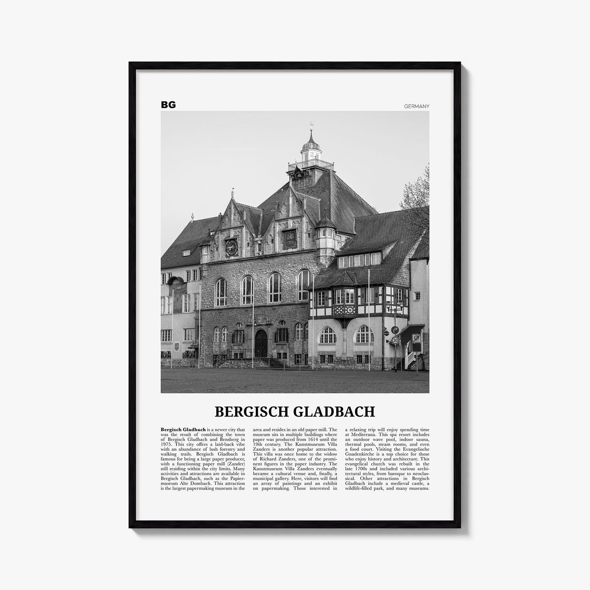 Bergisch Gladbach black & white newspaper poster of Germany – vertical wall art, unframed print shown in interior mockup