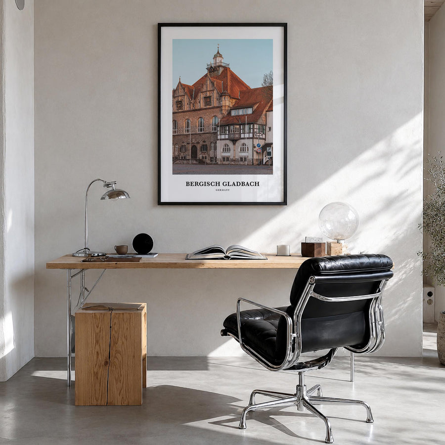 Bergisch Gladbach colorful classic poster of Germany – vertical wall art in black wood frame, hanging on wall